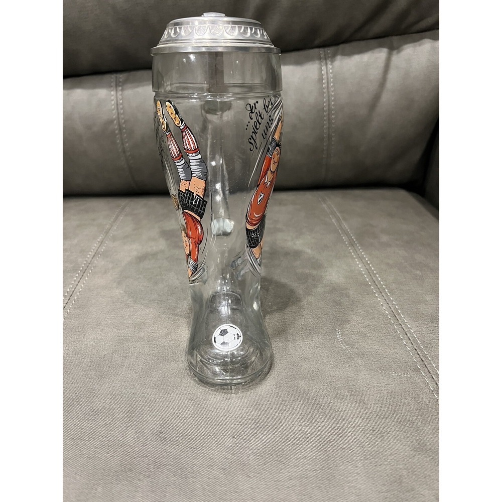 German Glass Stein w/  Pewter Lid Boot Shaped Soccer Theme EUC W. Germany